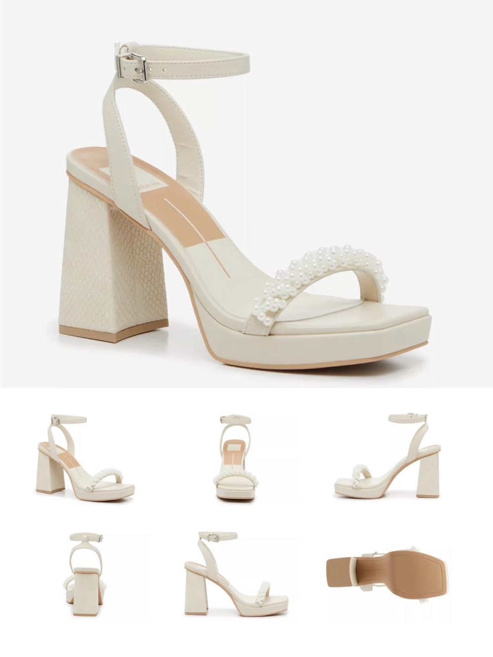 Pearl-Embellished Toe Strap Block Heel Sandals - Ivory